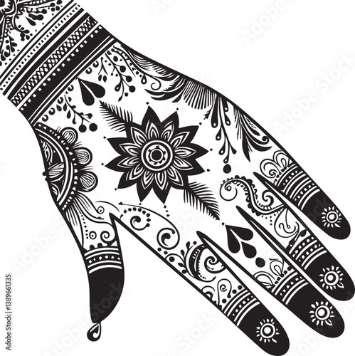 Black and White Mehndi Design Vector | Intricate Henna Art Illustration