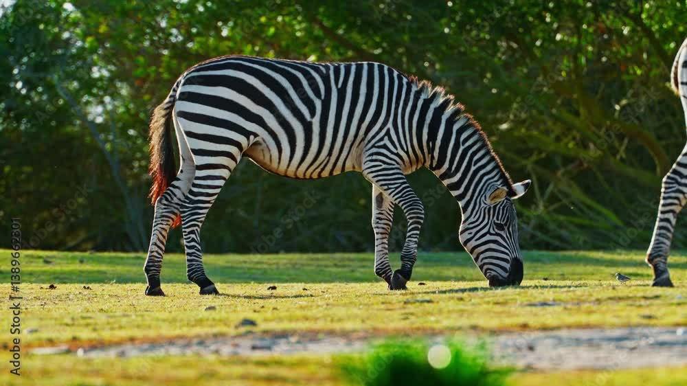 Closeup of a striped wild african zebra face standing and eating alone on the pasture. Wildlife of endangered animal species