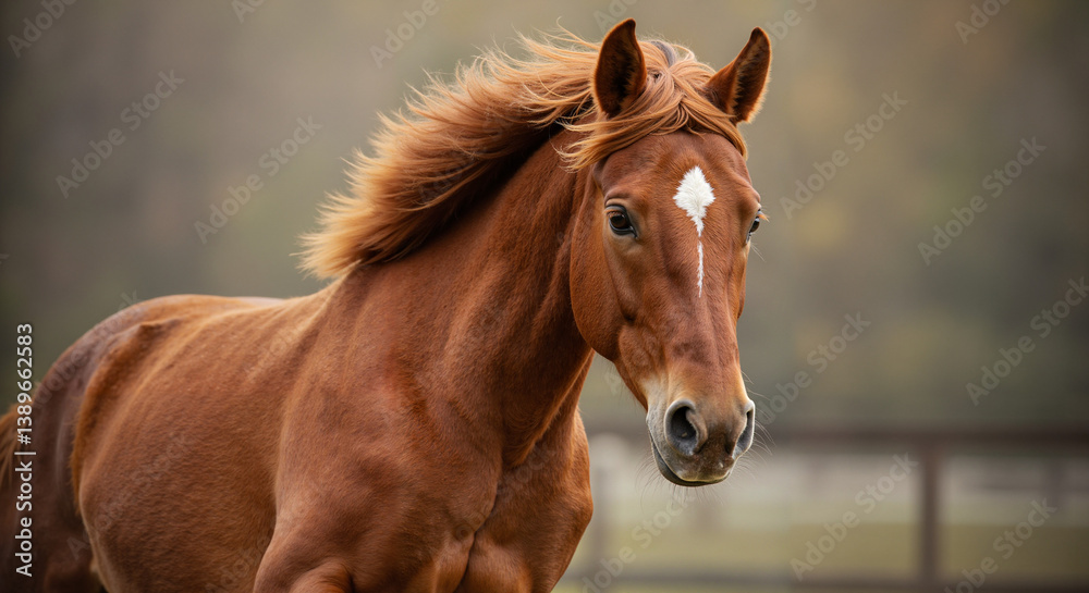 Chestnut horse with flowing mane in a pasture. Chestnut horse with flowing mane in a pasture.