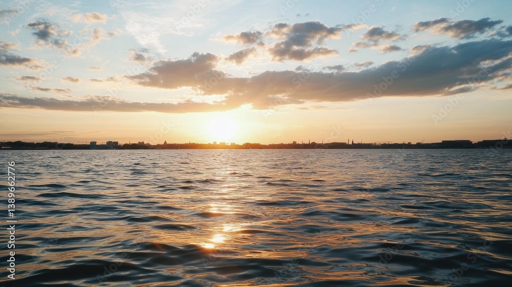 Serene Sunset Over Water with Gentle Waves and Colorful Sky Serene Sunset Over Water with Gentle Waves and Colorful Sky