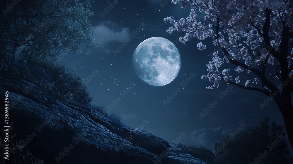 Fototapeta premium Serene Nightscape: Full Moon over Blossom Tree and Rocky Hill