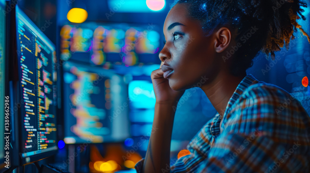 Side Profile of African American Female IT Developer Analyzing AI Threats in Dark Office at Night