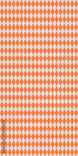 Vertical Bright orange and white harlequin diamond seamless background, bold geometric retro pattern, traditional checkered textile design, abstract wallpaper, graphic tiling for packaging, surface
