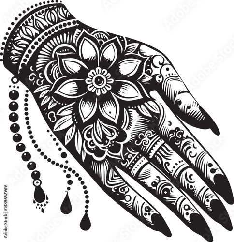 Black and White Mehndi Design Vector | Intricate Henna Art Illustration