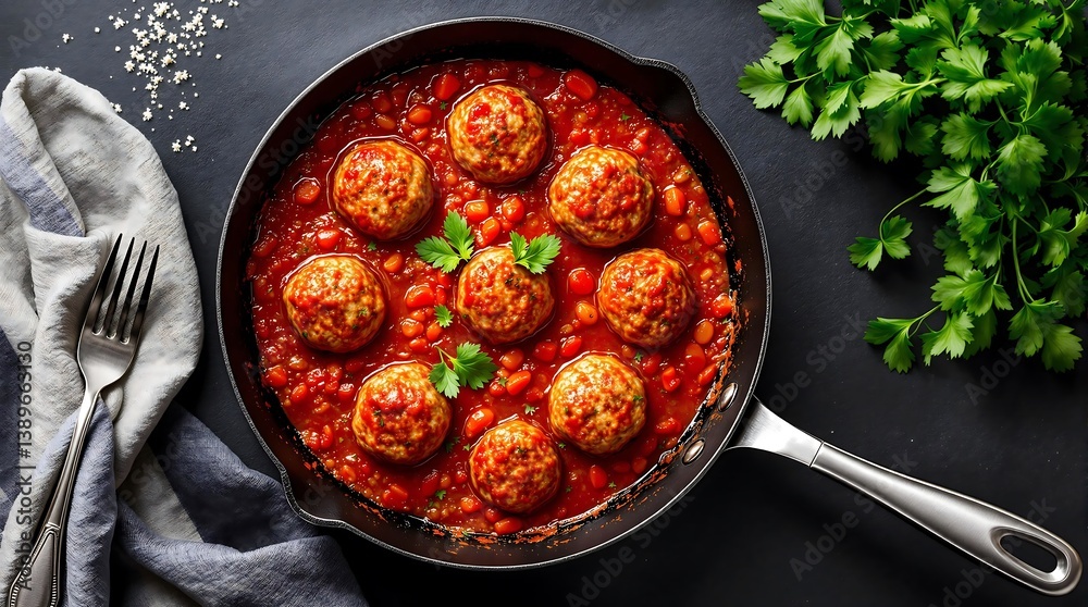 Delicious Cooked Meatballs in Tomato Sauce with Parsley Garnish Delicious Cooked Meatballs in Tomato Sauce with Parsley Garnish