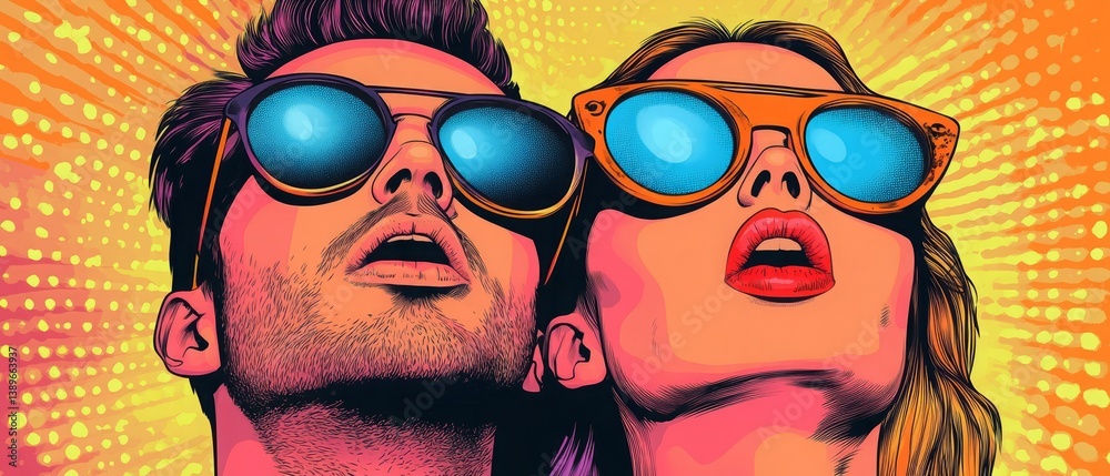 Romantic Pop Art Couple with Sunglasses and Comic-Style Expressions