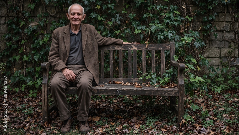 Fototapeta premium A poignant image of a senior man on a weathered bench in a neglected garden surrounded by overgrown vines and fallen leaves capturing solitude and reflection