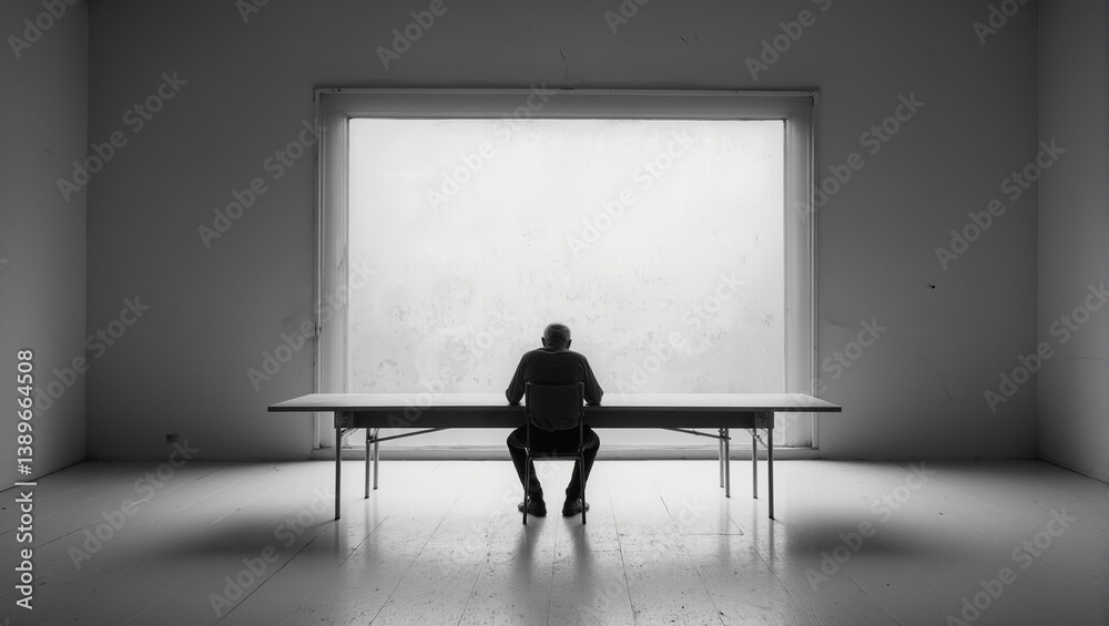 Elderly man in solitude at a desolate table captured in minimalist style highlighting the poignant essence of isolation Elderly man in solitude at a desolate table captured in minimalist style highlighting the poignant essence of isolation