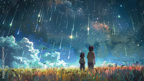 Siblings Watching Meteor Shower in Night Sky Over Meadow Digital Art, Dreamy Illustration Painting of Brother and Sister Staring at Falling Stars in Cosmic Nightscape, Magical Sky Scene