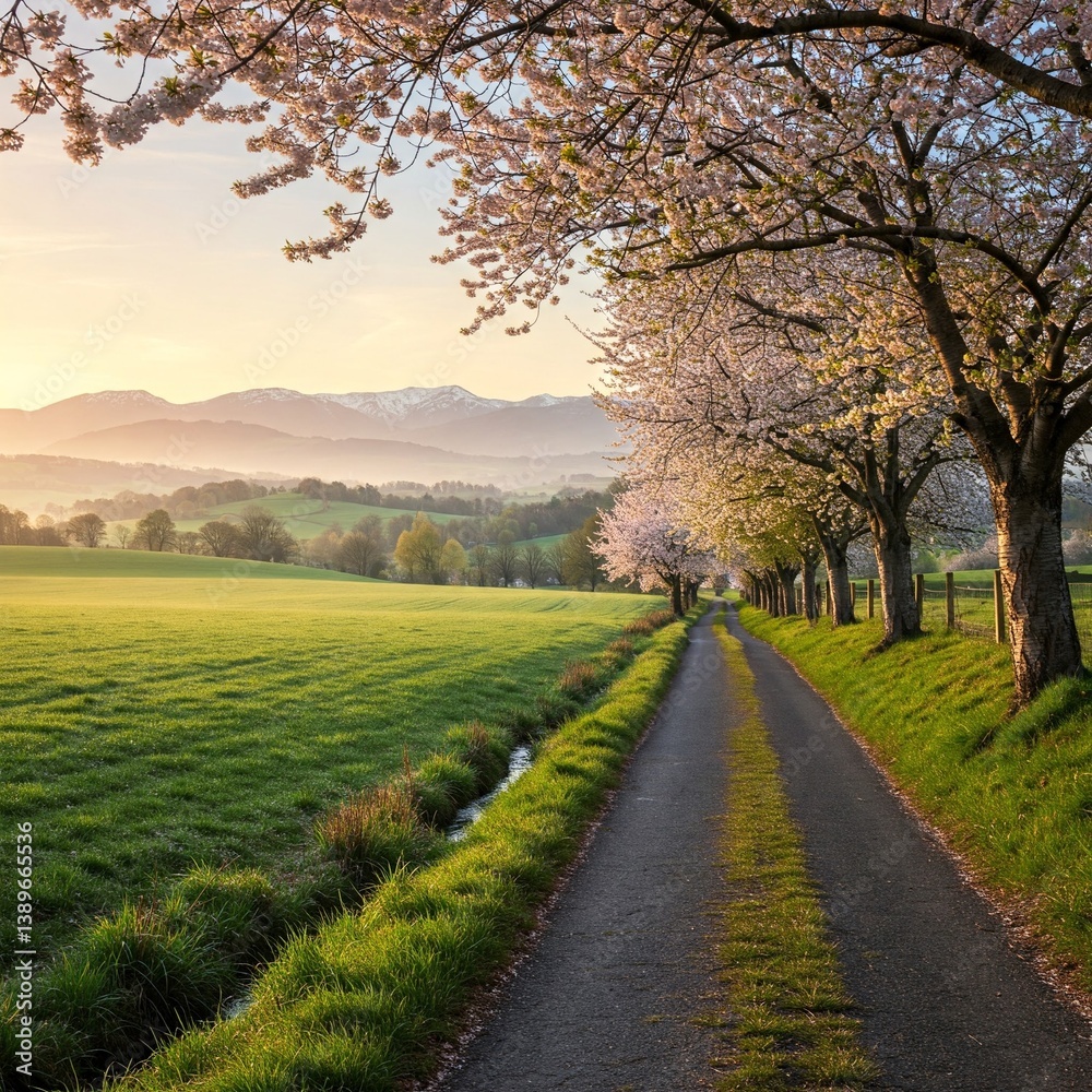 Naklejka premium A narrow country lane lined with spring blossoms, rolling green fields, and distant mountains under a pastel morning sky.