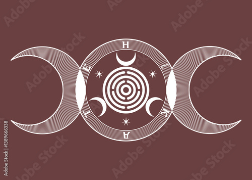 Triple Moon symbol on the Mother Seal of Hekate aka Hecate Greek Goddess of Witchcraft Underworld Necromancy Crossroads Spiritual Greco Roman Witch Wicca Sigil, vector isolated on brown background