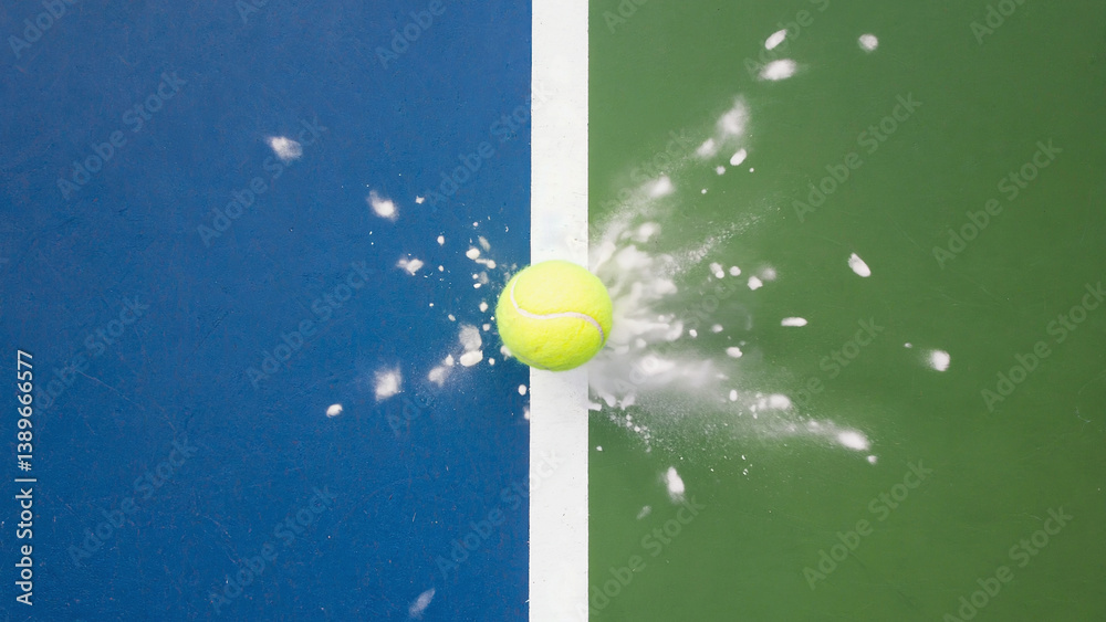 A tennis ball hits another tennis ball on a tennis court, perfect for sports and recreation scenes