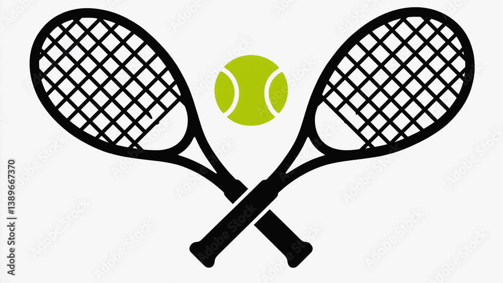 Two tennis rackets and a tennis ball on a white background