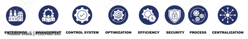 Industrial control system banner web icon vector illustration concept with icon of enterprise, management, control system, optimization, efficiency, security, process, centralization