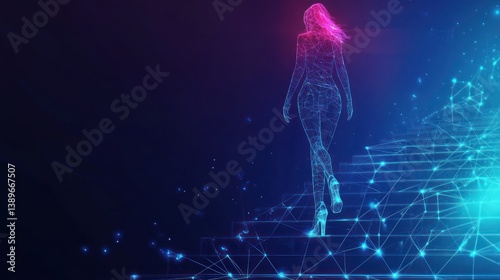 Woman Ascending Networked Staircase, Futuristic Background, Progress Concept