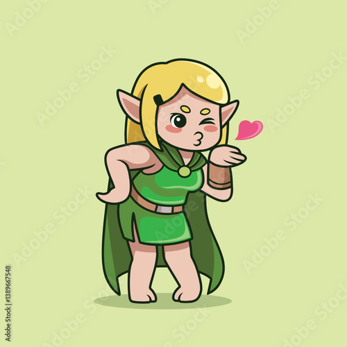 Adorable elf fairy blowing a kiss goodbye. Ideal for cute sticker packs, love-themed mascots, or farewell messages.