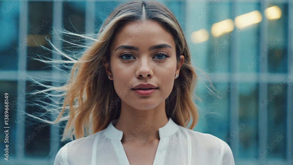 A woman wearing a white shirt looks directly at the camera