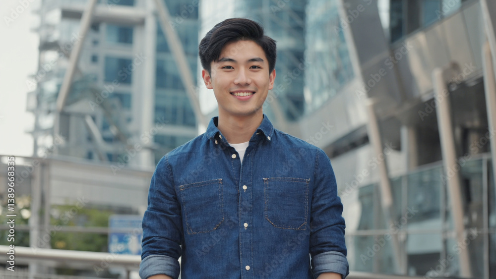 A person standing outside a tall building, great for urban or cityscape scenes