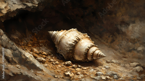 Fossil shell fragment in a rocky, earthy setting. Hollow Fragment. Illustration
