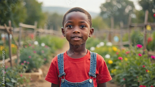 A young boy wearing overalls stands in a garden, surrounded by greenery and possibly flowers