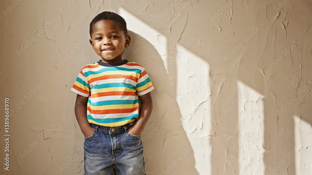 A young boy stands against a wall with his hands in his pockets, great for use as a background or to depict a moment of contemplation