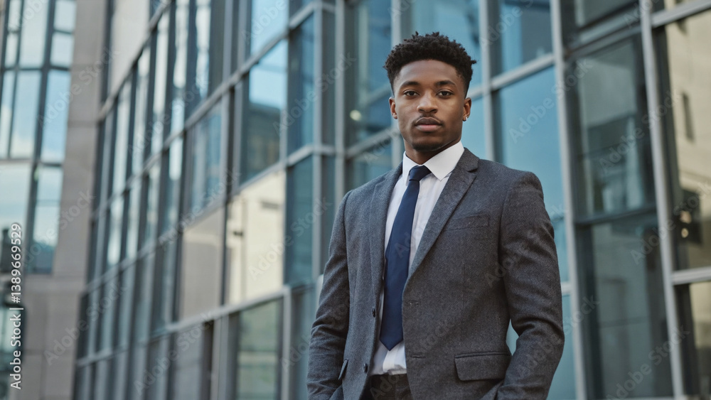 A businessman stands outside a building, possibly waiting for someone or checking something