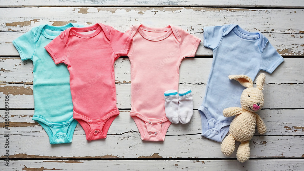 Three baby onesuits and a stuffed animal laid out on a wooden floor, perfect for family photos or nursery decor