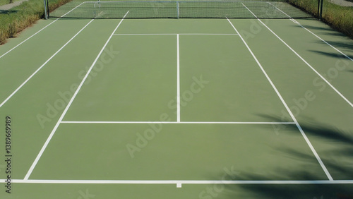 A tennis court with white lines, ideal for sports and fitness themes