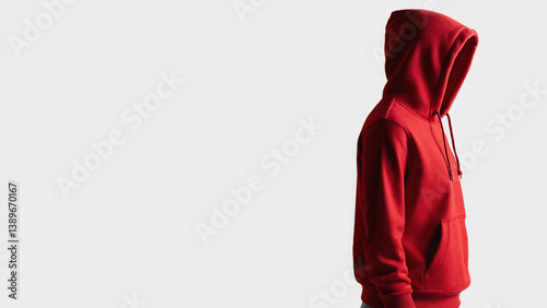A person wearing a red hoodie stands in front of a white wall, ready for action