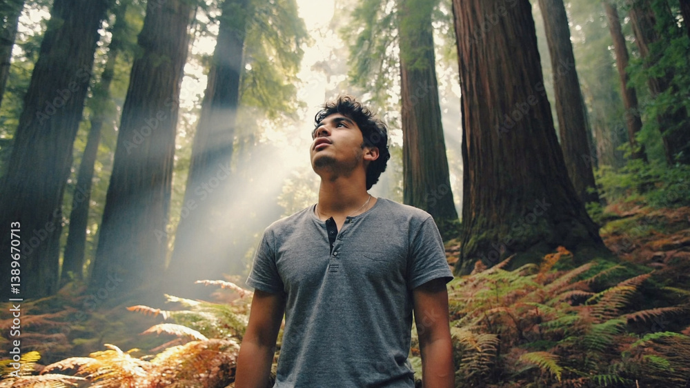 A solitary figure stands amidst the trees, surrounded by nature's beauty