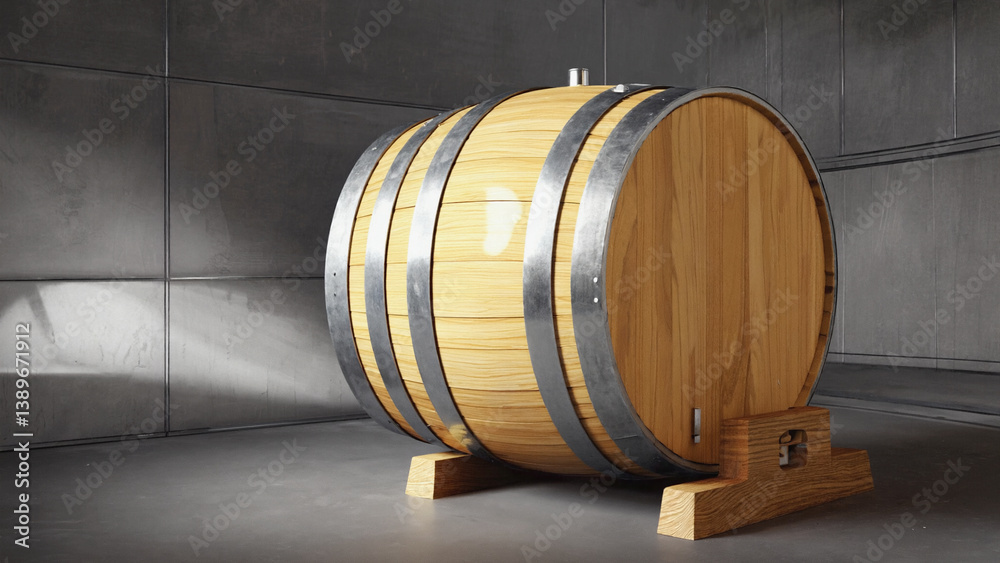 A wooden barrel sits atop a metal floor, providing a rustic and industrial contrast