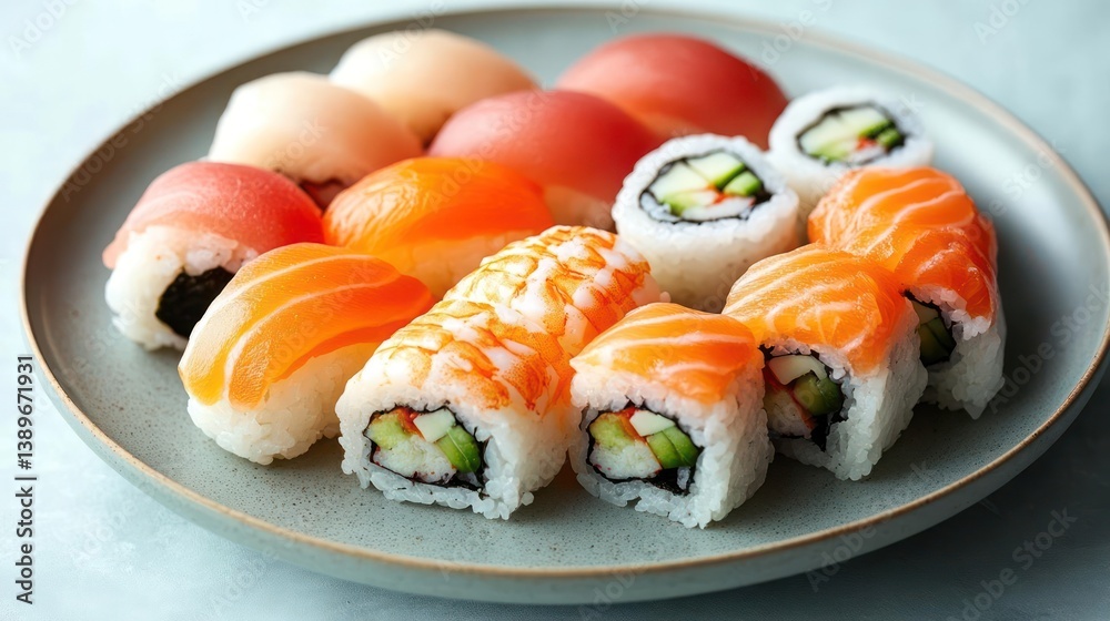 Assorted sushi platter. A variety of fresh sushi rolls including salmon, tuna, and crab. Presentation is appealing Assorted sushi platter. A variety of fresh sushi rolls including salmon, tuna, and crab. Presentation is appealing