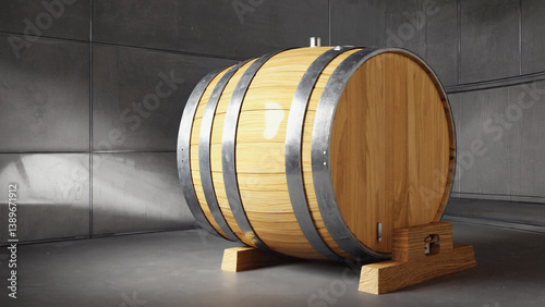 Obraz na płótnie A wooden barrel sits atop a metal floor, providing a rustic and industrial contrast w salonie