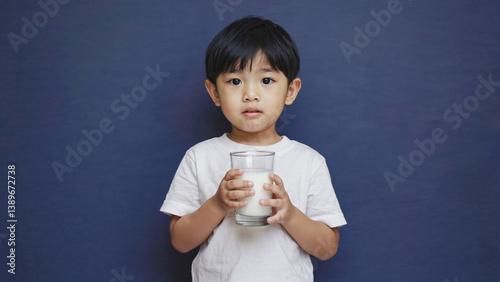 A young child holding a glass of milk, perfect for family or kid-related concepts