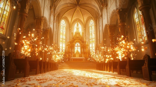 Church interior, golden ceremony, sunlight, faith, worship, use for religious themes, background photo