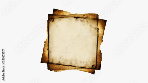 A torn and charred piece of paper with a singed edge, perfect for representing nostalgia, history, or disaster