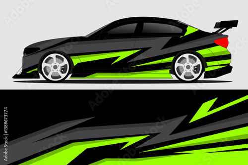 Sleek black sports car with vibrant green and gray racing stripes parked against a neutral backdrop