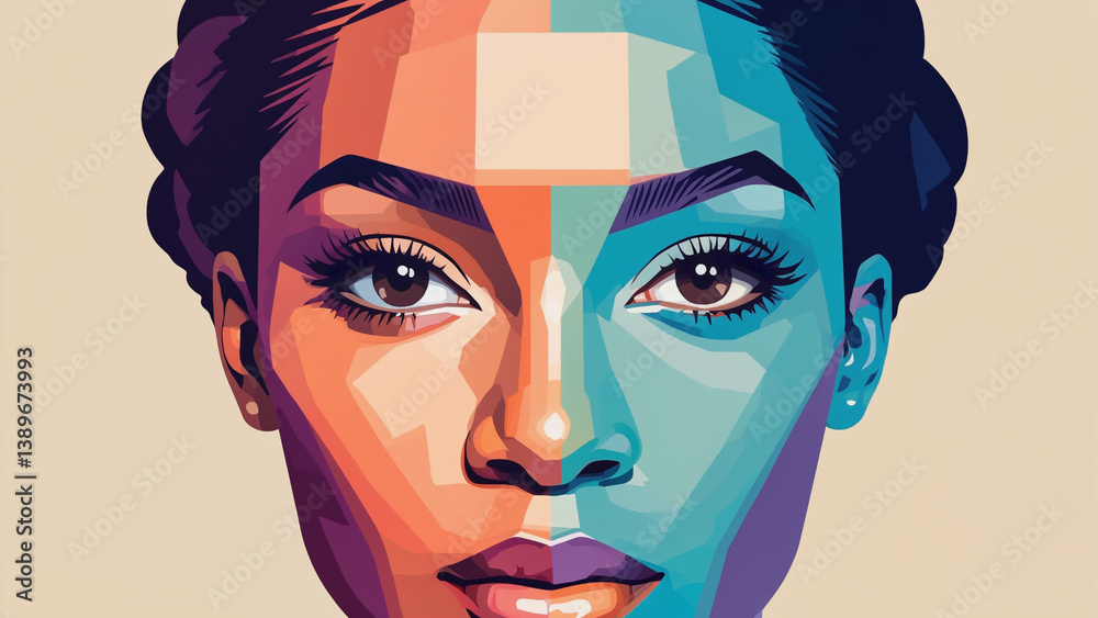 A portrait of a woman with vibrant colors and patterns on her face, perfect for use in cultural or artistic themes