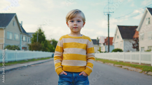 A young child stands alone on a city street