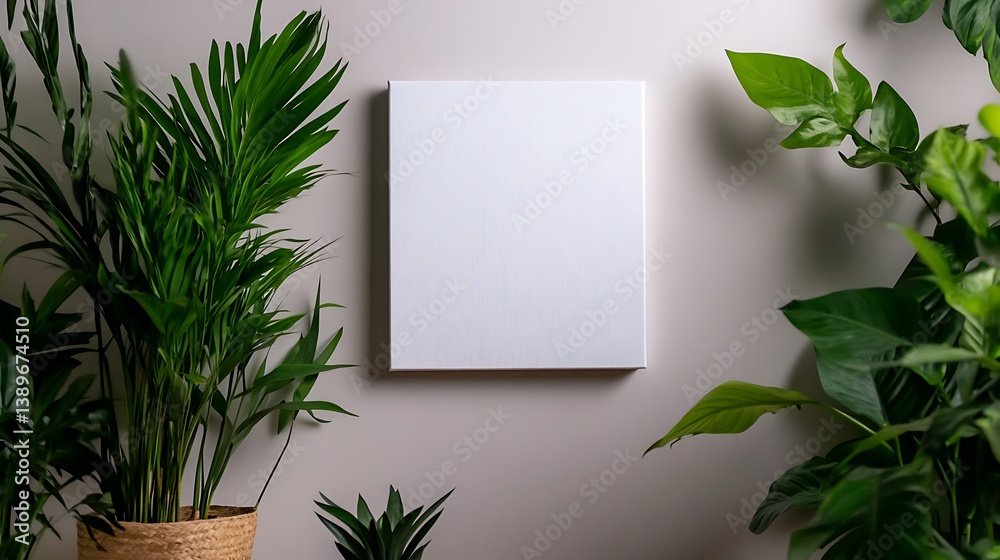 Blank Canvas Mockup: Minimalist Home Decor with Lush Greenery Blank Canvas Mockup: Minimalist Home Decor with Lush Greenery