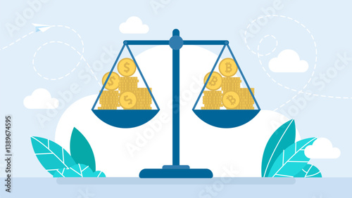 Balance Dollar VS Bitcoin. Bitcoin and dollar on a scales. Crypto value measurement. Investment portfolio with Bitcoin. Price and worth concept. Crypto currency value growth. Vector illustration