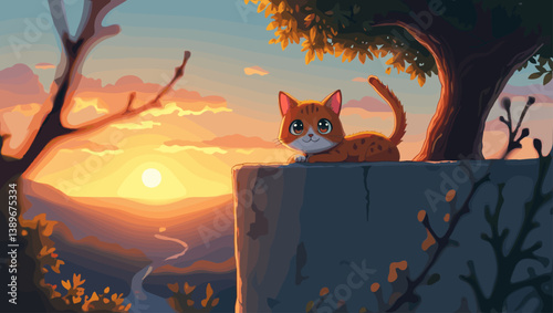 Vector illustration of a cute kitten on a wall at sunset, with a beautiful scenic background of trees and hills. Peaceful and heartwarming moment in warm tones