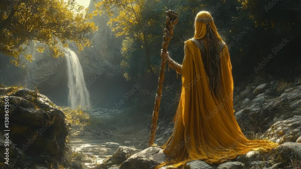 Mystical figure in golden robes stands before a tranquil waterfall in a sunlit forest Mystical figure in golden robes stands before a tranquil waterfall in a sunlit forest