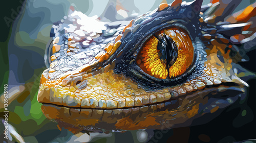 Vector illustration of a close-up dragon or lizard eye with vibrant orange and gold colors. Highly detailed reptile design with fantasy and realistic elements