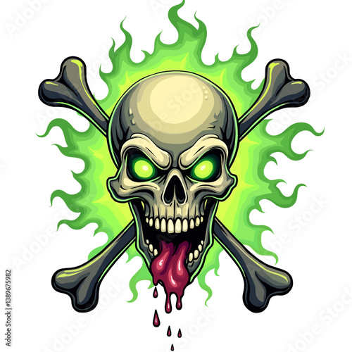 Vector illustration of a scary skull with glowing green eyes, crossbones, and dripping tongue, surrounded by green flames. Dark and intense horror-style design