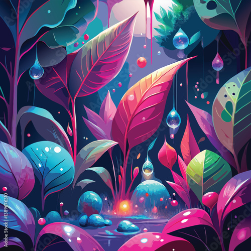 A mystical jungle scene with vibrant pink, purple, and blue leaves, glowing water droplets, and magical orbs, creating a dreamlike atmosphere.
