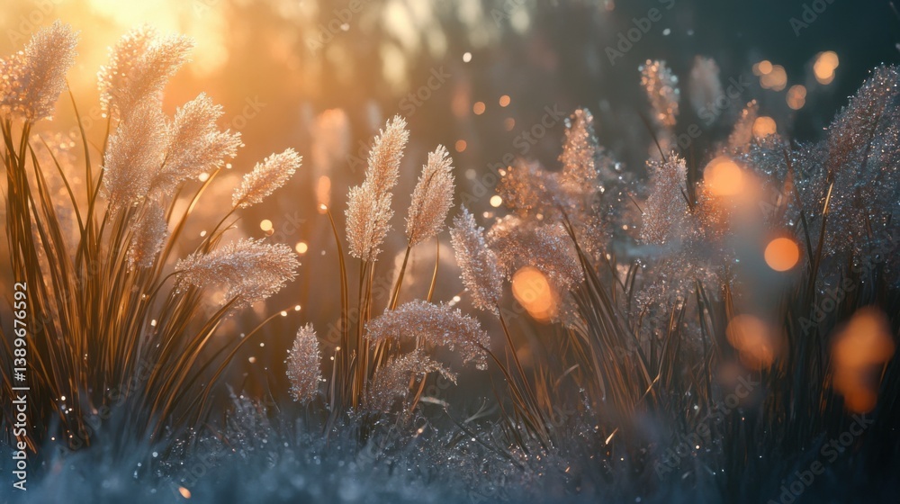 Fototapeta premium Frost on grass close-up. Generative AI