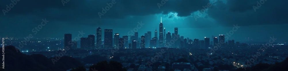 Fototapeta premium Dark and ominous cityscape with the night sky featuring silhouetted skyscrapers, cityscape, landscape