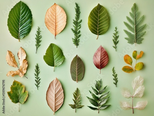 Botanical collage of different nut tree leaves, top-down art style flat lay on pastel background