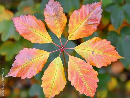 Chestnut leaves turning color in fall, orange and red tones, softly blurred background, seasonal photography